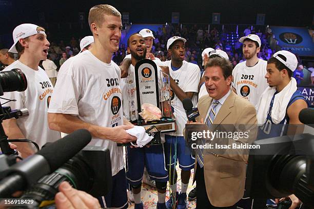 The Duke Blue Devils celebrate winning the Battle 4 Atlantis tournament at Atlantis Resort November 24, 2012 in Nassau, Paradise Island, Bahamas.