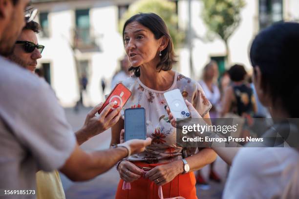 The PSOE spokeswoman in the Madrid City Council, Reyes Maroto, attends to the media upon her arrival at the repositioning of the symbolism against...