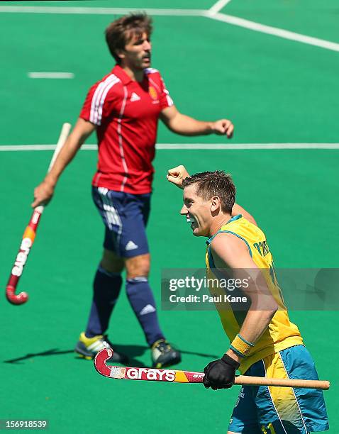 Eddie Ockenden of the Kookaburras celebrates a goal in the gold medal match between the Australian Kookaburras and England during day four of the...