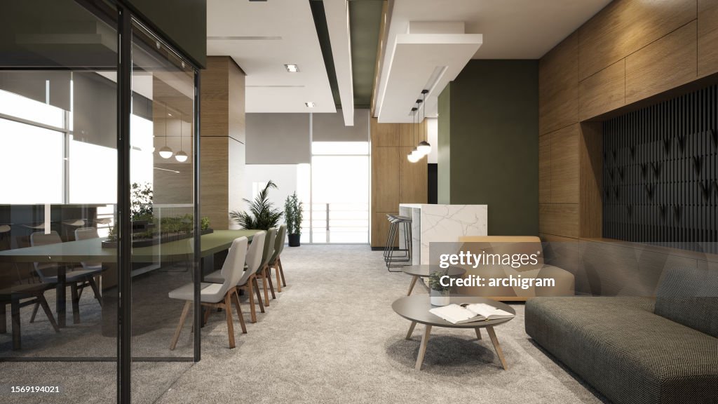 Innenarchitektur. Computergeneriertes Bild des Büros. Lounge-Ruheraum. Architektonische Visualisierung. 3D-Rendern. Stockfotografie