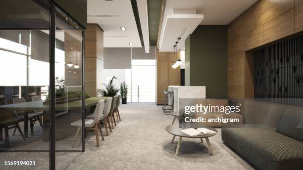 innenarchitektur. computergeneriertes bild des büros. lounge-ruheraum. architektonische visualisierung. 3d-rendern. stockfotografie - agentur stock-fotos und bilder