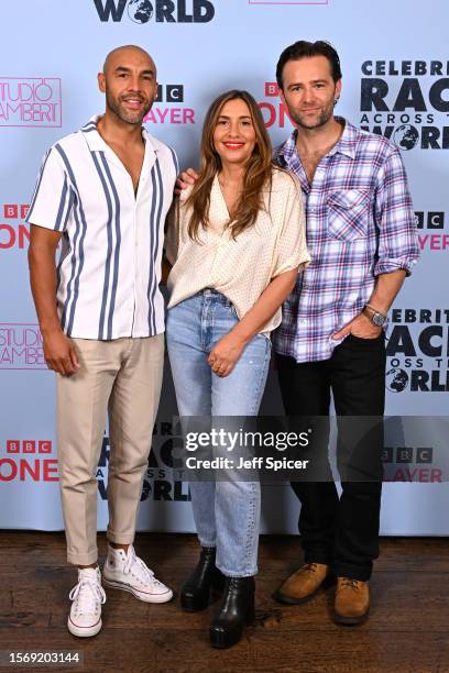 Alex Beresford, Melanie Blatt and Harry Judd attend the Line-up Reveal for "Celebrity Race Across The World" at Soho Hotel on July 25, 2023 in...