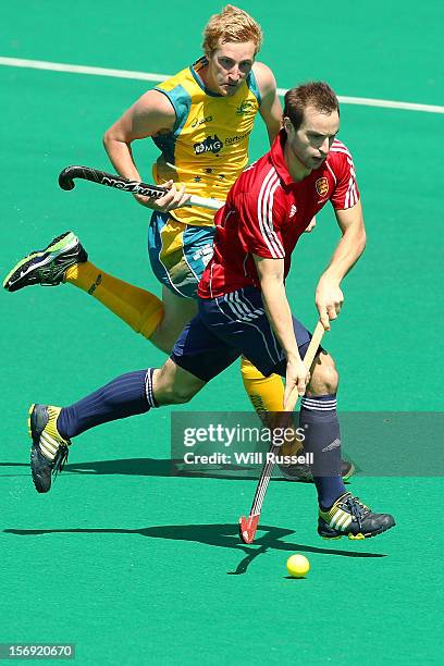 Nicholas Catlin of England controls the ball in the Australia v England final during day four of the 2012 International Super Series at Perth Hockey...