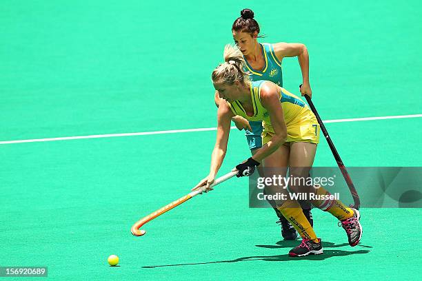 Jodie Schulz of the Hockeyroos is challenged by Mariah Williams of the Jillaroos in the Hockeyroos v Jillaroos finals match during day four of the...