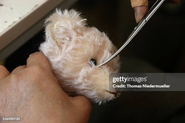 Teddy bear is prepared at the Steiff stuffed toy factory on November 23, 2012 in Giengen an der Brenz, Germany. Founded by seamstress Margarethe...