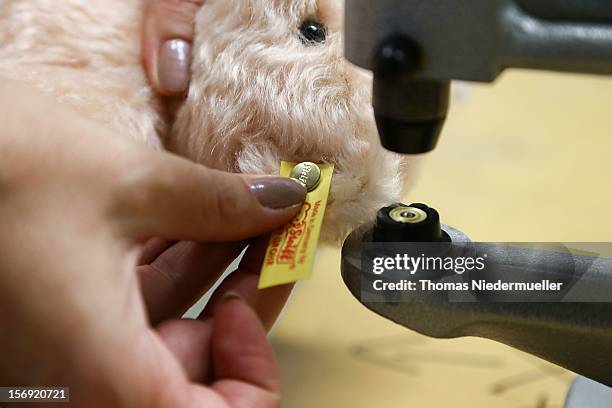 Teddy bear has the company logo pinned to its ear at the Steiff stuffed toy factory on November 23, 2012 in Giengen an der Brenz, Germany. Founded by...