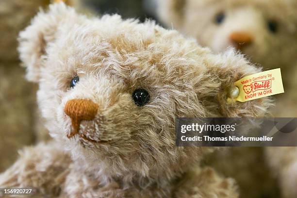 Teddy bears at the Steiff stuffed toy factory on November 23, 2012 in Giengen an der Brenz, Germany. Founded by seamstress Margarethe Steiff in 1880,...