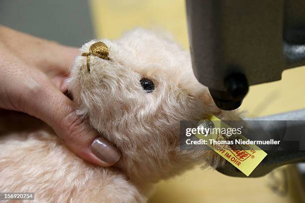 Teddy bear has the company logo pinned to its ear at the Steiff stuffed toy factory on November 23, 2012 in Giengen an der Brenz, Germany. Founded by...