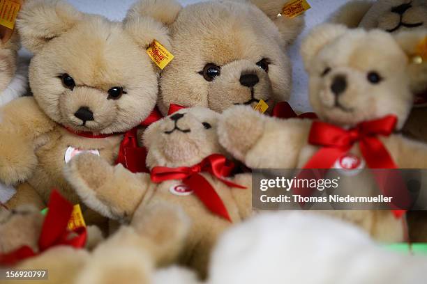 Teddy bears sit on a shelf at the Steiff stuffed toy factory on November 23, 2012 in Giengen an der Brenz, Germany. Founded by seamstress Margarethe...