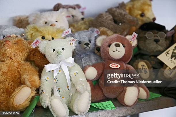 Teddy bears sit on a shelf at the Steiff stuffed toy factory on November 23, 2012 in Giengen an der Brenz, Germany. Founded by seamstress Margarethe...