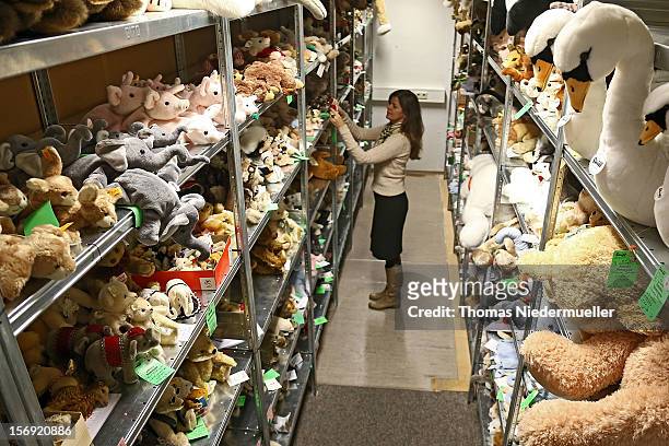 Stuffed toys line shelves at the Steiff stuffed toy factory on November 23, 2012 in Giengen an der Brenz, Germany. Founded by seamstress Margarethe...