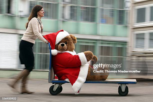 Christmas teddy bear is wheeled along on a trolley at the Steiff stuffed toy factory on November 23, 2012 in Giengen an der Brenz, Germany. Founded...