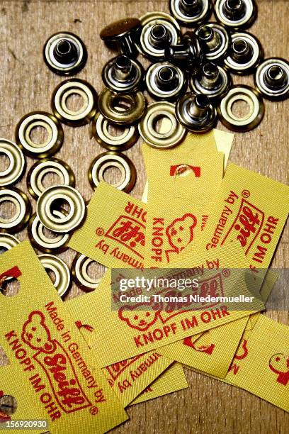 Labels at the Steiff stuffed toy factory on November 23, 2012 in Giengen an der Brenz, Germany. Founded by seamstress Margarethe Steiff in 1880,...