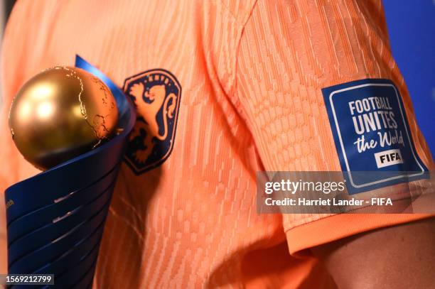 Detailed of the VISA Player of the Match award is seen along side the Netherlands Crest and a FIFA badge reading 'Football Unites the World' during...