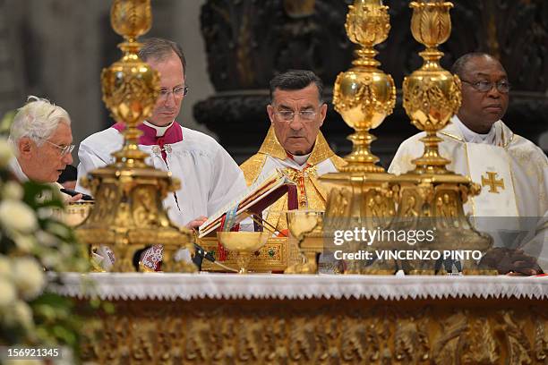 Pope Benedict XVI leads a Holy mass with new cardinals Colombian Ruben Salazar Gomez and Nigerian John Onaiyekan on November 25, 2012 at St Peter's...