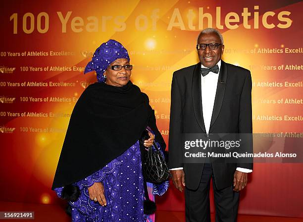 President of the IAAF Lamine Diack and his wife Bintou Diack attend the IAAF Centenary Gala at the Museo Nacional d'Art de Catalunya on November 24,...