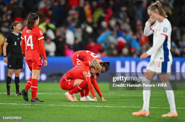 Ana-Maria Crnogorcevic of Switzerland is consoled by her teammate Meriame Terchoun after the scoreless draw in the FIFA Women's World Cup Australia &...
