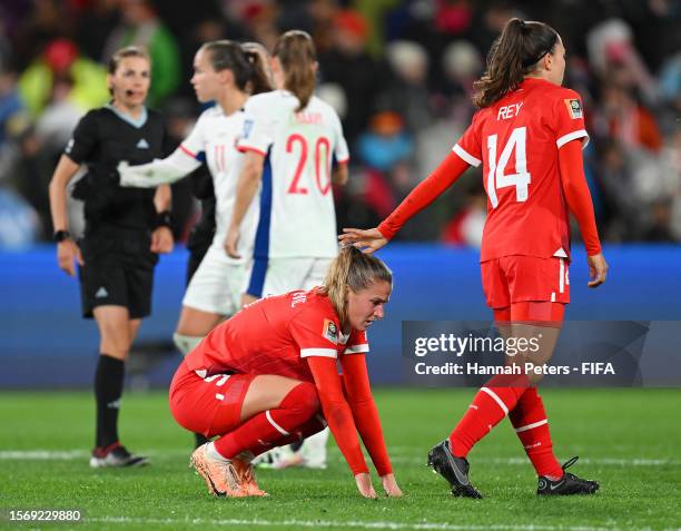 Ana-Maria Crnogorcevic of Switzerland is consoled by her teammate Marion Rey after the scoreless draw in the FIFA Women's World Cup Australia & New...