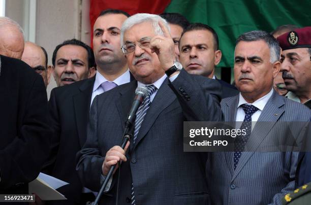 In this handout image supplied by the Palestinian President's Office , Mahmoud Abbas speaks to crowds of supporters before heading to the United...