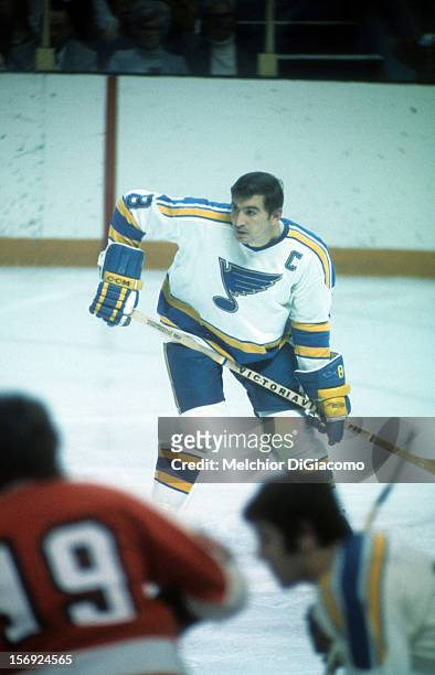 Barclay Plager of the St. Louis Blues waits for the face-off during an NHL game against the Philadelphia Flyers circa 1972 at the St. Louis Arena in...