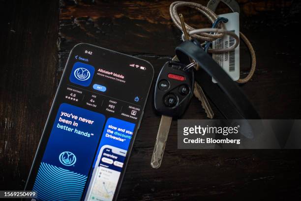 The Allstate app on a smartphone arranged in Hastings-on-Hudson, New York, US, on Monday, July 31, 2023. Allstate Corp. Released earnings figures on...