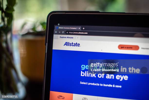 The Allstate website on a laptop arranged in Hastings-on-Hudson, New York, US, on Monday, July 31, 2023. Allstate Corp. Released earnings figures on...