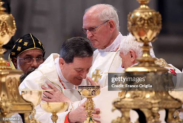 Newly appointed cardinals : Baselios Cleemis Thottunkal, Ruben Salazar Gomez and James M. Harvey attend a mass held by Pope Benedict XVI at the St....