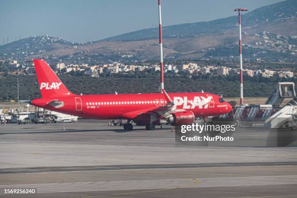 Fly Play or Play low cost airline iconic red Airbus A320neo passenger aircraft as seen in Athens International Airport. Play is an Icelandic low-cost...