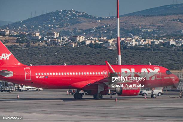 Fly Play or Play low cost airline iconic red Airbus A320neo passenger aircraft as seen in Athens International Airport. Play is an Icelandic low-cost...