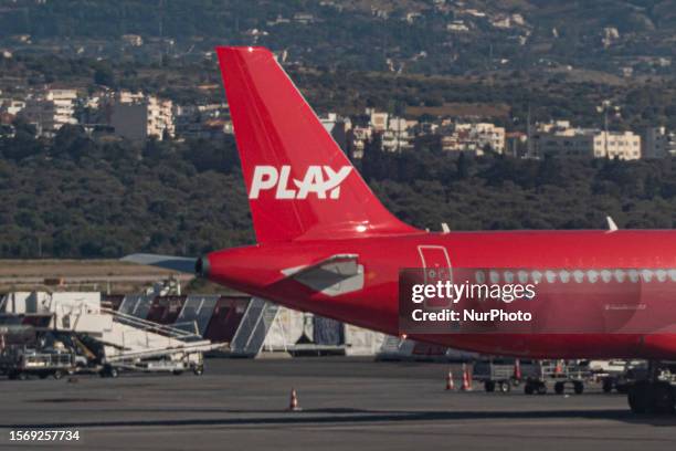 Fly Play or Play low cost airline iconic red Airbus A320neo passenger aircraft as seen in Athens International Airport. Play is an Icelandic low-cost...