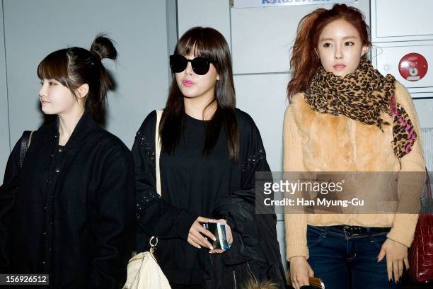 Qri, So-Yeon and Hyo-Min of South Korean girl group T-ara is sighted at Incheon International Airport on November 25, 2012 in Incheon, South Korea.
