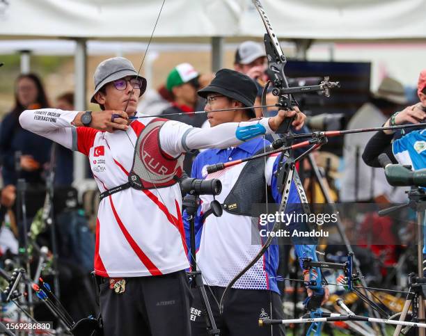 Mete Gazoz of Turkiye competes during the Men's Recurve Individual qualification event of 2023 World Archery Championships in Berlin, Germany on...