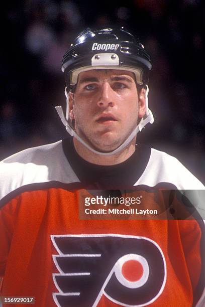 Mark Recchi of the Philadelphia Flyers looks on during a hockey game against the Washington Capitals on March 4, 1994 at the USAir Arena in Landover,...