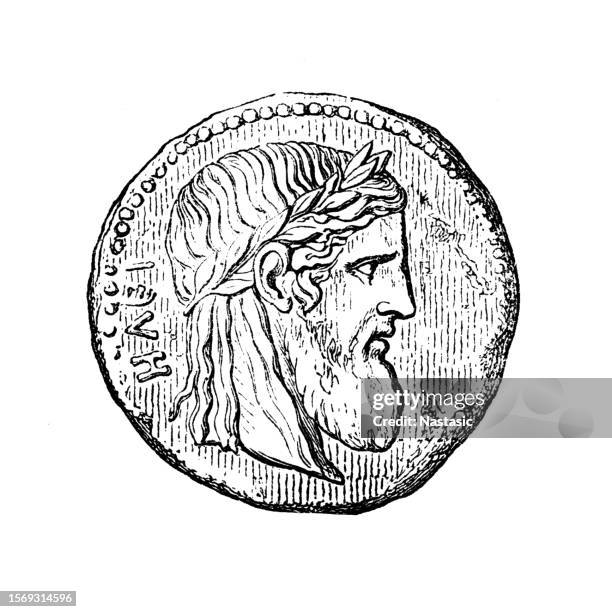 ilustraciones, imágenes clip art, dibujos animados e iconos de stock de moneda de adriano de elis con la cabeza de zeus olímpico - ancient olympia greece