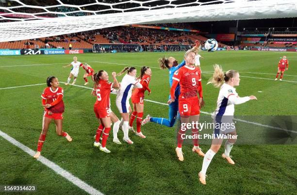 Gaelle Thalmann and Ana-Maria Crnogorcevic of Switzerland attempt to clear the ball during the FIFA Women's World Cup Australia & New Zealand 2023...