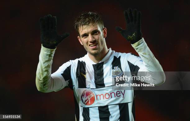 Davide Santon of Newcastle hols his hands up to the Toon Army after the Barclays Premier League match between Southampton and Newcastle United at St...