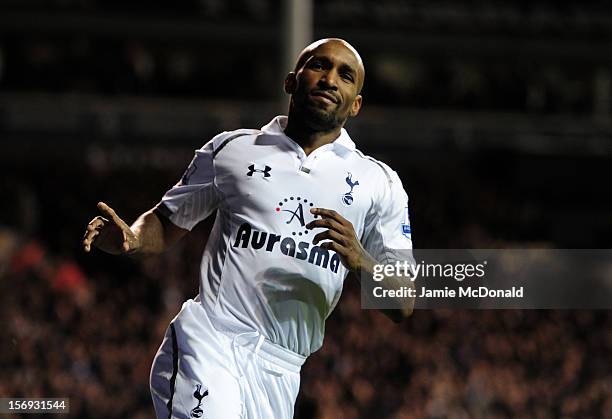 Jermain Defoe of Tottenham Hotspur celebrates scoring their third goal and his second during the Barclays Premier League match between Tottenham...