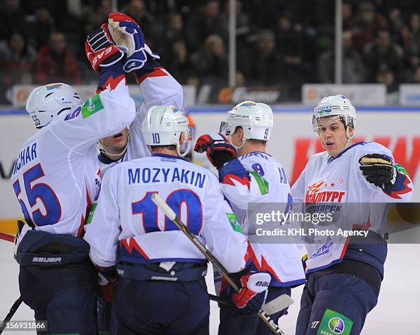 Evgeny Malkin of the Metallurg celebrates goal with his teammates during the game between Metallurg Magnitogorsk and Avangard Omsk region during the...