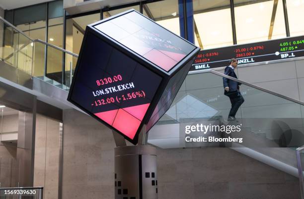 Stock price information displayed in the London Stock Exchange Group Plc's office atrium in the City of London, UK, on Tuesday, Aug. 1, 2023. LSE...