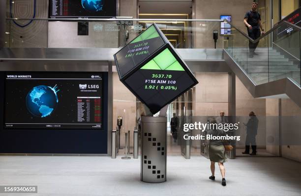 Stock price information displayed in the London Stock Exchange Group Plc's office atrium in the City of London, UK, on Tuesday, Aug. 1, 2023. LSE...