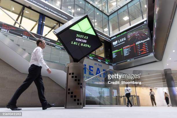 Stock price information displayed in the London Stock Exchange Group Plc's office atrium in the City of London, UK, on Tuesday, Aug. 1, 2023. LSE...