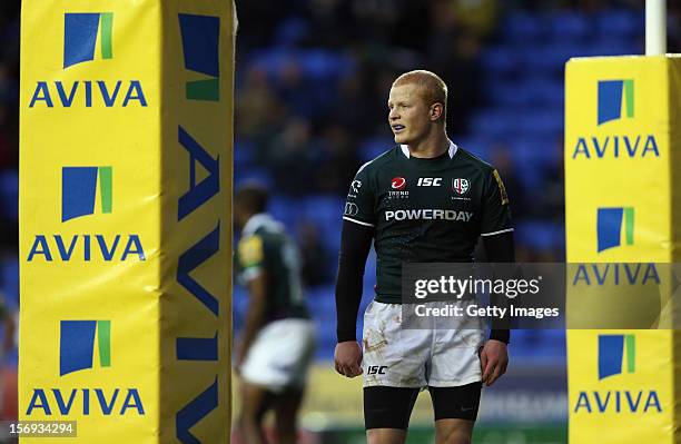 Tom Homer of London Irish looks on during the Aviva Premiership match between London Irish and Exeter Chiefs at Madejski Stadium on November 25, 2012...