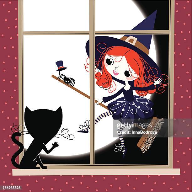 stockillustraties, clipart, cartoons en iconen met little witch, cat and window. - girl full moon