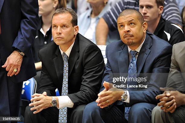 Associate Head Coach Chris Collins and Associate Head Coach Jeff Capel of the Duke Blue Devils look on during a game against the Western Washington...