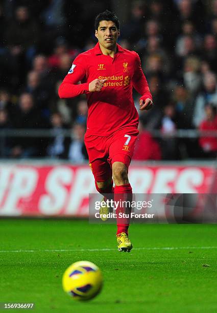 Liverpool forward Luis Suarez in action during the Barclays Premier League match between Swansea City and Liverpool at Liberty Stadium on November...