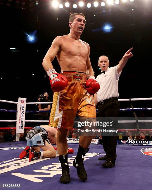 Ricky Hatton of Great Britain fails to get up after being knocked down by Vyacheslav Senchenko of Ukraine during their Welterweight bout at the MEN...