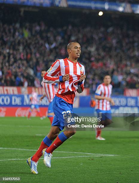 Joao Miranda of Club Atletico de Madrid celebrates after scoring his team's 4th goal during the La Liga match between Club Atletico de Madrid and...