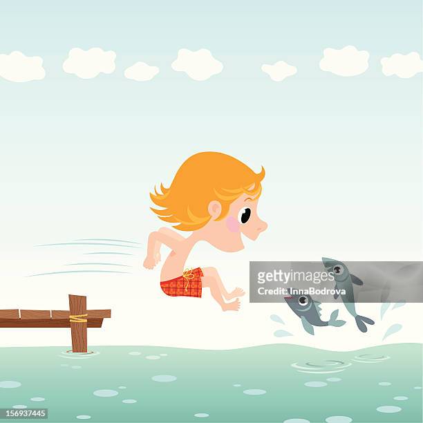 illustrations, cliparts, dessins animés et icônes de enfant de sauter dans l'eau. - sauter