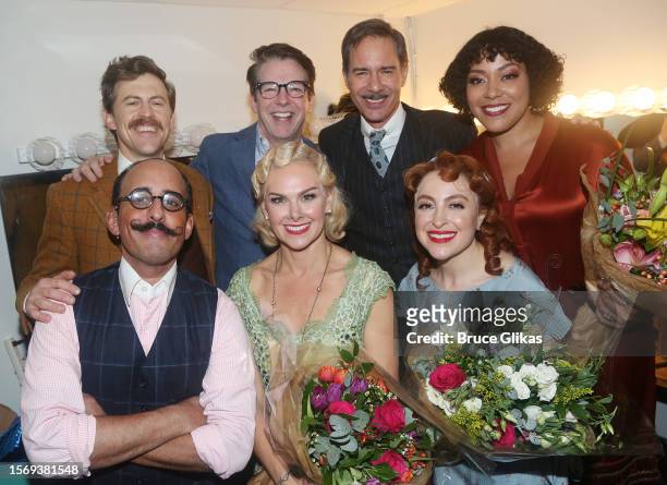 Alex Moffat, Sean Hayes, Eric McCormack, Lilli Cooper Nehal Joshi, Laura Bell Bundy, Dana Steingold pose backstage at the opening night for "The...