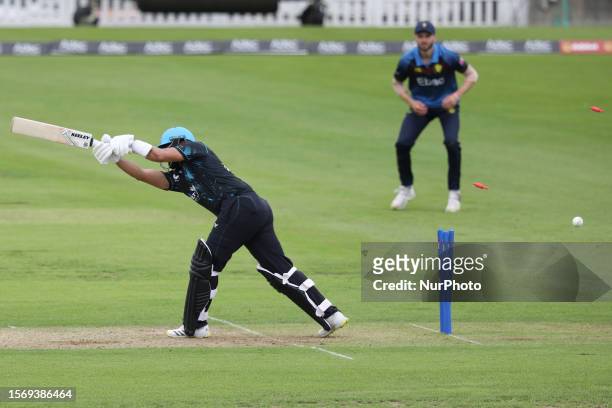 Azhar Ali of Worcestershire is bowled by Oliver Gibson of Durham during the Metro Bank One Day Cup match between Durham County Cricket Club and...